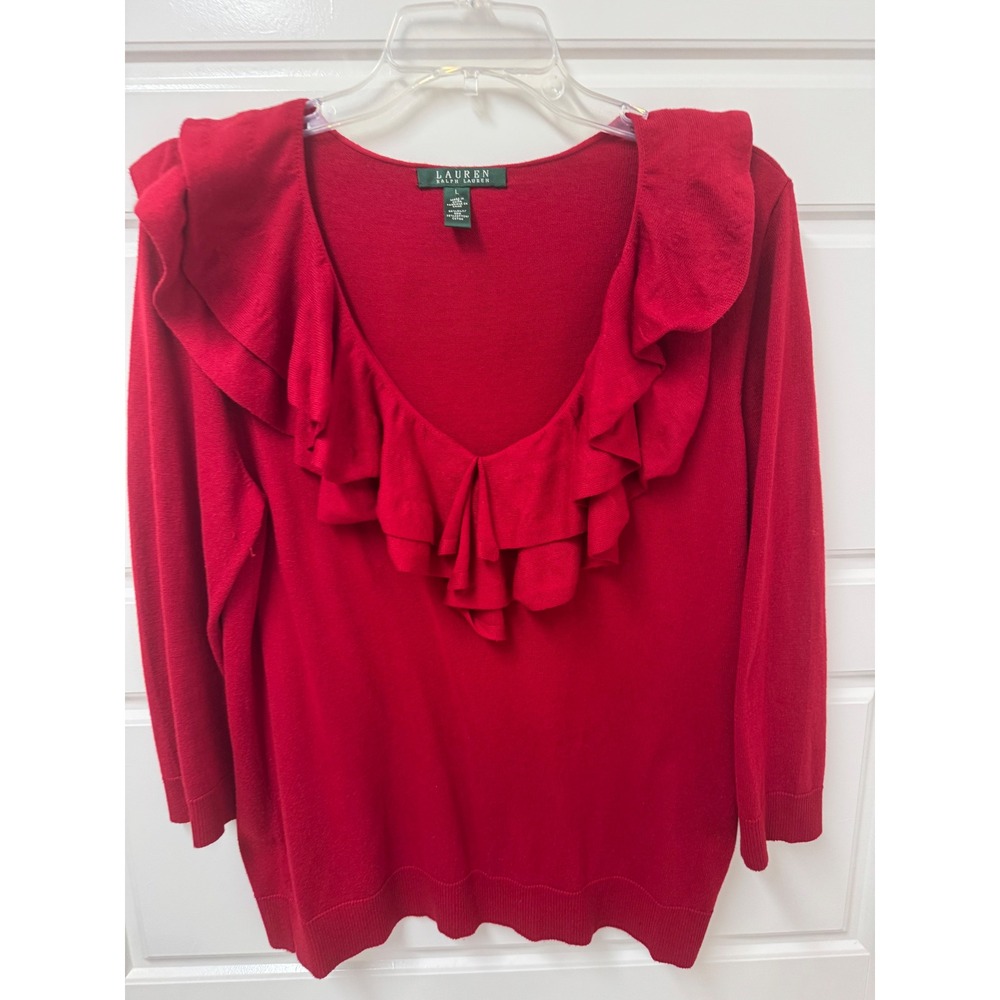 Lauren Ralph Lauren Red Silk Cotton Ruffle V-Neck Sweater Large 3/4 Sleeve